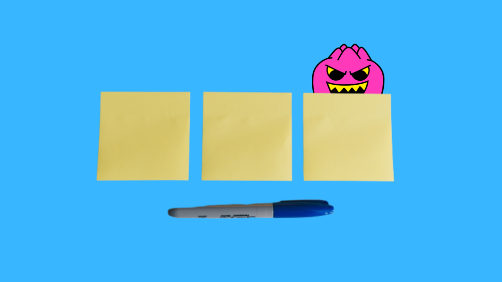 Headerbild für Blogbeitrag. Drei gelbe Post-its auf blauem Grund, darunter ein Filzstift. Hinter einem Post-it sitzt ein pinkes Monster und grinst.